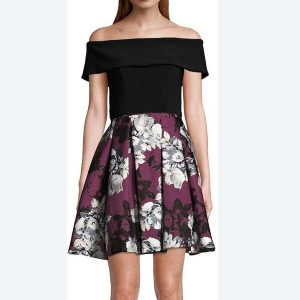 NWT Betsy Adam black burgundy white off-the-shoulder mini cocktail dress sz 8 US
